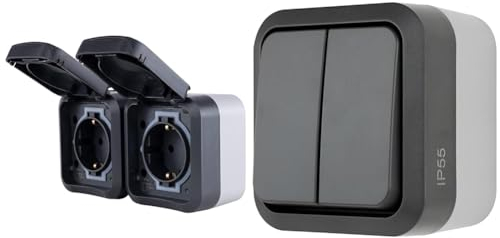 REV - AquaStorm, Feuchtraum Steckdose 2-fach Aufputz IP55 & AquaStorm, Serienschalter, Lichtschalter Feuchtraum IP55, einpolig, Aufputz, 230V, 10A, anthrazit