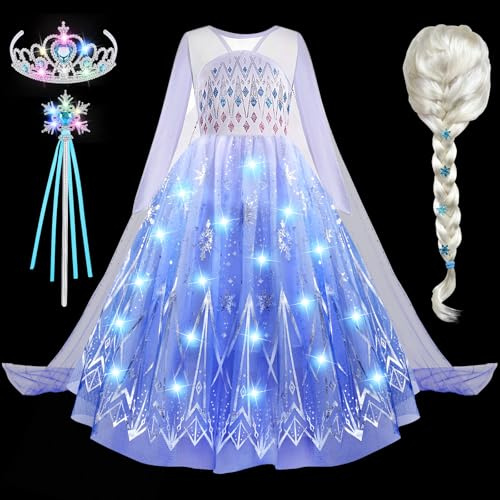 G.C LED Leuchtend Prinzessin Kleid Mädchen mit Perücke Krone Zauberstab Prinzessin Kostüm Verkleidung Geburtstag Weihnachten Fasching Karneval Halloween Kostüm für Kinder