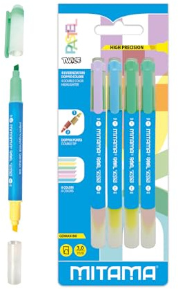 Mitama PASTEL TWICE - Evidenziatori Doppia punta colori pastello - Confezione da 4 pezzi - Colori assortiti. - Lunghezza 12,5 cm - Colori Scuola, Evidenziatori Scuola