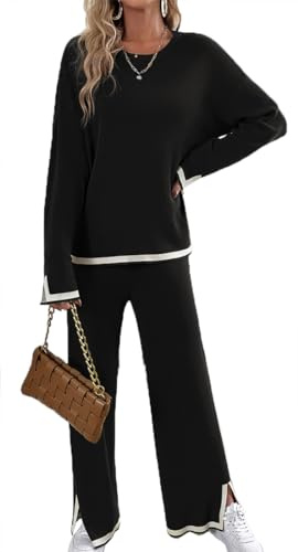 OLIPHEE 2 Teiler Damen Elegant Stricktop und Strickhose Sommer Outfit Bequeme Loungewear Business Casual Freizeit Trainingsanzug Langarm Strickpullover Aschwarz L