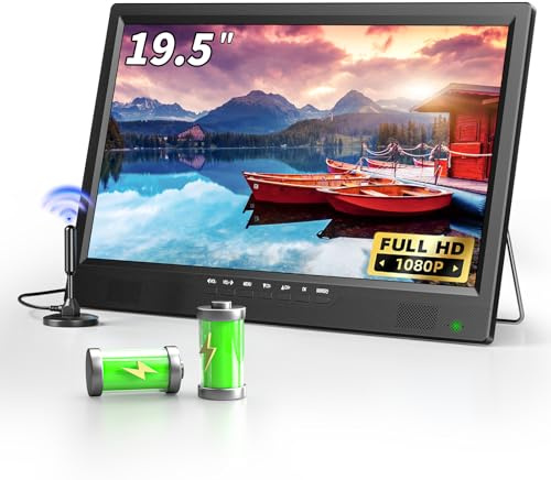 DESOBRY 19-Zoll Fernseher mit Batterie, 1080p Tragbarer Kleiner Fernseher DVB-T2 mit Antenne, 12V TV mit Verstellbarer Basis für Home Entertainment, Reisen und Outdoor-Einsatz, HDMI AV USB