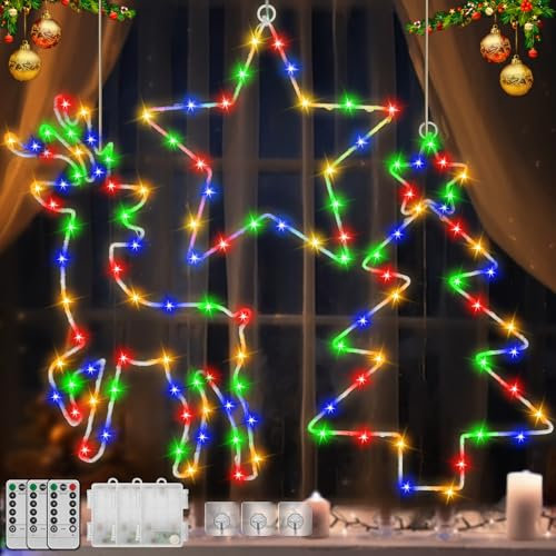Multper Lumières LED Noël 3 Pièces, Etoiles Sapin de Noël Rennes, 105 LED Guirlande Lumineuse Exterieure Intérieur, 8 Modes Guirlande à Pile(Non Inclure) avec Minuterie, Ventouses, Decoration Noel