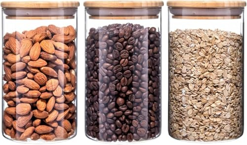950ml Tarros de Cristal con Tapa Bambú Juego de 3, Botes de Cristal de Cocina con Tapa de Bambu, Almacenaje Cocina, Frascos de Vidrio Herméticos con Tapas, para Pasta, Cereales, Galletas, Harina