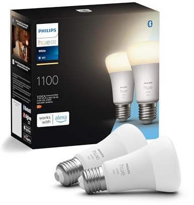 Philips Hue White Lampadina Smart LED, Attacco E27, 9.5W, Luce bianca, Dimmerabile, Controllo con Bluetooth e Hue App, Funziona con Alexa, Google Assistant e Apple HomeKit, Pack da 2