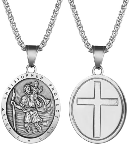 Flongo Collar San Cristóbal Hombre: Colgante de Acero Inoxidable Amuleto Religioso de Protección - Regalo de Joyería Católica