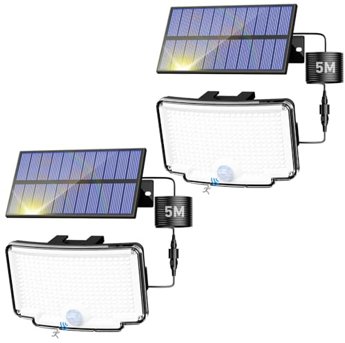Peasur Solar Lights Outdoor Waterproof, [318 LED/3 Modes] Solar Motion Security Light, Flood Lights with 16.4 FT Cable for Outside Garden Garage Yard, 2 Pack