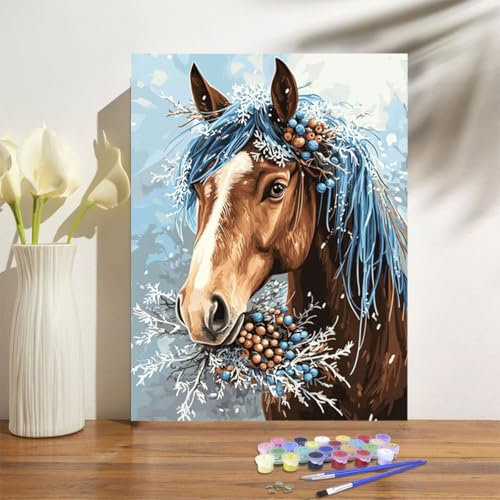 Malen Nach Zahlen Erwachsene Weihnachten Malen Nach Zahlen Pferd Paint by Numbers DIY Handgemalt Ölgemälde Leinwand Bastelset Kit mit Pinseln Acrylfarben,Zimmer Deko Geschenk 50x70cm Mit Rahmen M-1196