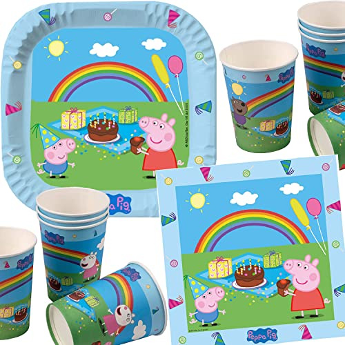 TIB Heyne 33-teiliges Party-Set * Peppy Pig * mit Teller + Becher + Servietten + Deko | Jungen Mädchen Kindergeburtstag Schweinchen Wutz Geburtstag Party Luftballons