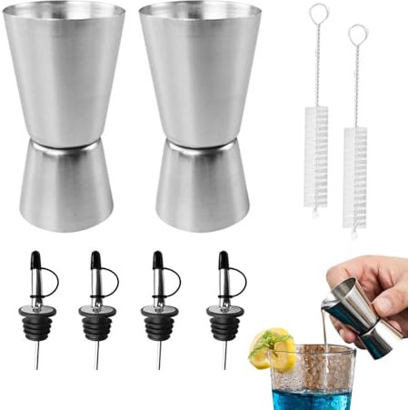 Cocktail Misurino Double Mass Jigger con scala, Set di 2 bicchieri in acciaio inox Ba-r misura 2 cl / 4 cl, 4 bottiglie di beccuccio e 2 pennelli, doppio misurino per bar party vino bar