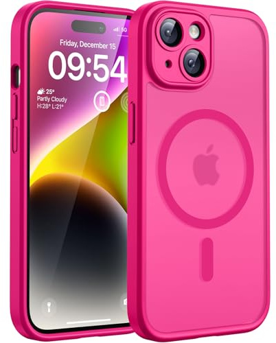 TOCOL für iPhone 14 Hülle, Kompatibel mit MagSafe, Matt Heißes Rosa | Eingebauter Magnetring, Vollständiger Kameraschutz, Militärschutz Stoßfest Kratzfest Haltbarkeit, Durchscheinend Rückseite