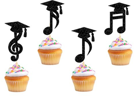 Confezione da 24 topper per cupcake con scritta in lingua inglese Music Graduation 2025 – VARACL Black Glitter Note con cappello, decorazioni fai da te per cupcake per scuola di musica, feste di
