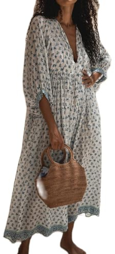 FeMereina Women Boho Floral Maxi Dress Puff Sleeve Flowy Long Dress V Neck Loose Fit Shirtdress Bohemian Tiered Sundress