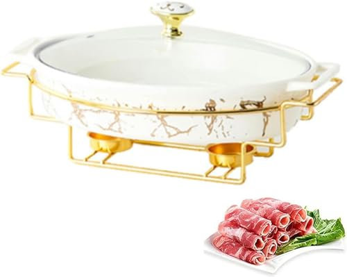 YKMYXZ， Ceramics Chafing Dish Buffet Set, Imitation Marble Finish Chafer and Buffet Warmer Set with Glass Lid & Fuel Holders for BuffetBanquet(White,30cm)