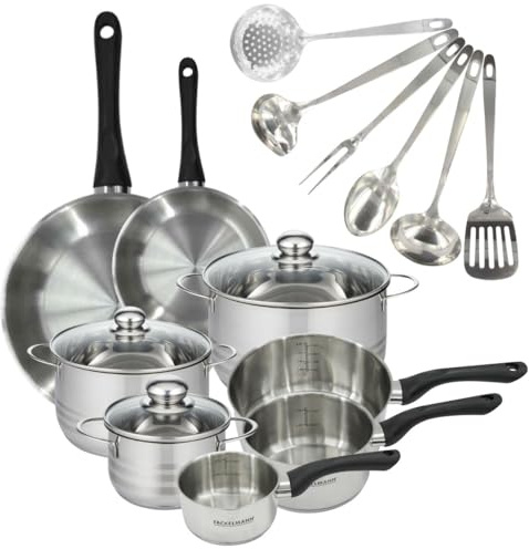 Fackelmann Batterie inox 2 poêles 20/28 cm, casseroles, faitouts | Cuisine complète, 8 pièces inox, Poêles 20 et 28 cm, Casseroles 12 à 20 cm, Faitouts 16 à 24 cm, Tous feux induction, Verre