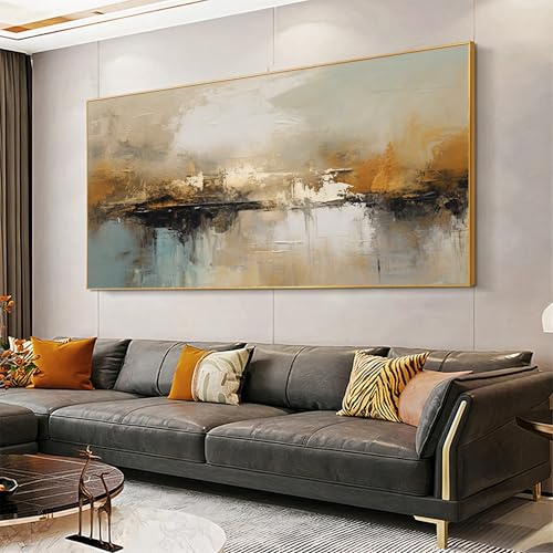 UUDEZO Tavla på duk för vardagsrum, badrum, stor abstrakt neutral väggdekoration för vardagsrum, tavlor för sovrumsväggar (100x200 cm/(39x79 tum) med guldram)