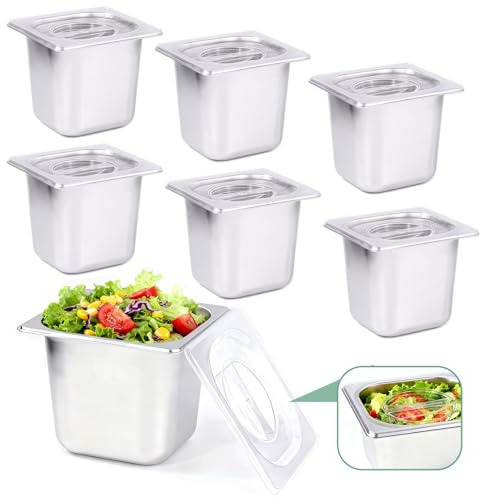 Bofolai 6 Pack Stainless Steam Hotel Pan with Lid, 1/6 Size x 6 Inch Deep Table Steam Pan Restaurant Supplies Reusable Anti Rust Catering Storage for Home, Buffet,Party, Restaurant, Hotel