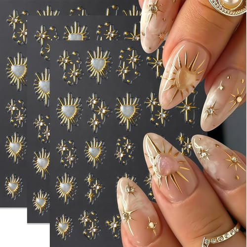 Zosutetoxo 3 Blatt Stern Nageldesign Aufkleber 5D Relief Gold Sternen Design mit Herz Strass Nagelstickers für DIY Maniküre Accessoires