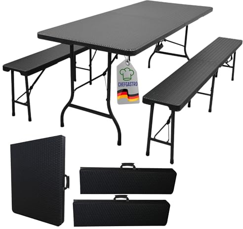 CHEFGASTRO Bierzeltgarnitur klappbar 180cm breit 3-teilig 1x Buffettisch 2X Bierbänke mit Tragegriffe Rattan Optik Kunststoff wetterfest Gartenmöbel-Set Gartengarnitur Camping Klapptisch Gartentisch