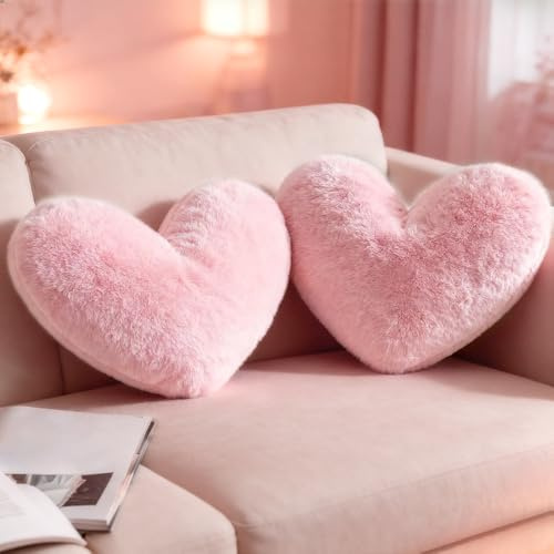 KBIBCK 2 Pack Pink Heart Pillow, 46x36cm Heart Decorative Pillow, Washable Soft Fluffy Cushion, Cute Fuzzy Throw Pillows for Sofa, Bed, Dining, Valentine's Day Gift, Home Decoration (Pink)