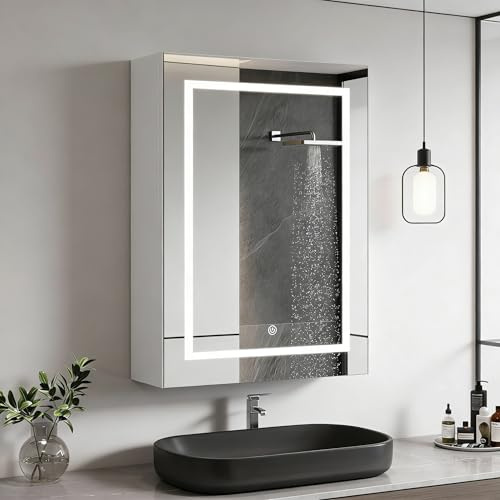 HOOGDLJ Spiegelschrank Bad mit Led Beleuchtung, Badezimmerschrank mit Spiegel, Badschrank mit Ablage, Alibertschrank Bad mit Berührung Sensorschalter, Hängeschrank, 3 Einstellbare Lichtfarben (1 Tür)