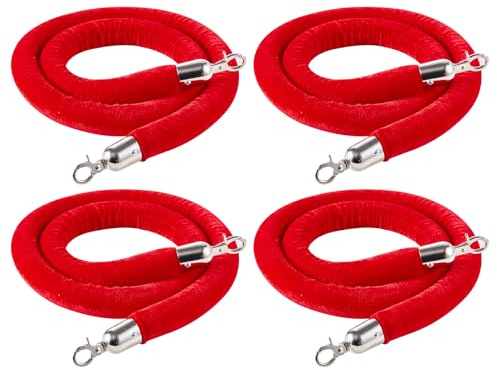 VEVOR Cordon de Délimitation 4PCs de 1,5 m, Corde pour Poteau de Guidage en Velours Rouge, pour Contrôle des Foules Files d'Attente Théâtre Fête Mariage Exposition Événement, avec Crochets Argentés