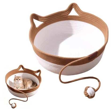 HSYTEK Katzenbett mit Seilball, 46x46x16 cm Rundes Katzenkorb aus Baumwollseilen, Atmungsaktiv Waschbar Drinnen Katzenkörbchen, Katzenhöhle für Alle Katzen und Welpen