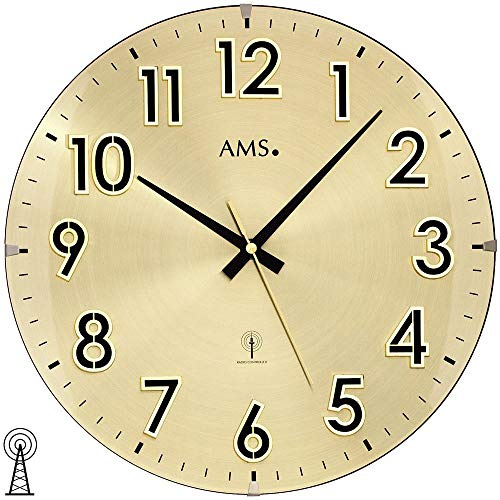 AMS 5974 Wanduhr Funk Funkwanduhr Analog Messing Farben Golden mit Glas