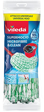 Vileda SuperMocio Microfibre & Clean ricambio, confezione da 1, compatibile con manici e con attacchi a vite universali, rimuove oltre il 99% dei batteri solo con acqua
