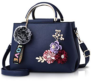 NICOLE & DORIS Damen Leder Handtasche Umhängetaschen mit Blume Jahrgang Griff Tasche Designer Tote Geldbörse mit Pom Pom Dunkelblau