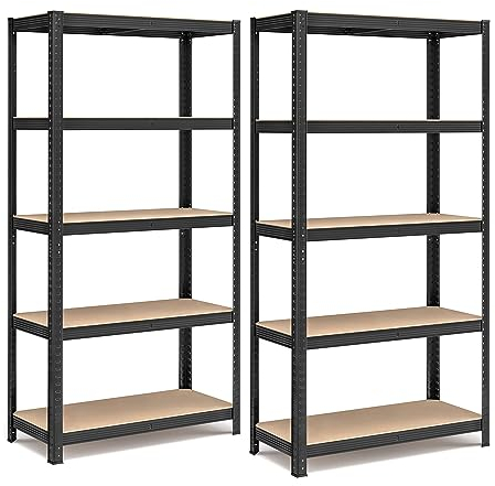 SONGMICS Set di 2 Scaffali in Metallo, Scaffalature a 5 Ripiani Regolabili, Senza Viti, Scaffale Salvaspazio per Garage, Magazzino, Portante 875 kg, 40 x 90 x 180 cm, Nero GLR040B02
