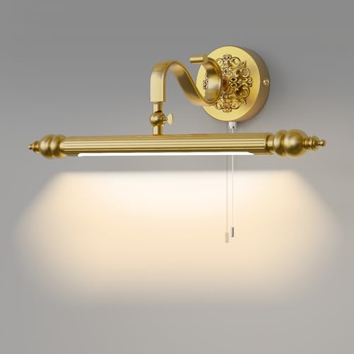 ACMHNC Spiegellampe Badezimmer Vintage, LED Spiegelleuchte Bad mit Zugschalter, IP44 Badlampe Wand, 4000K, 61cm Wandleuchte Bad 240 ° Drehbar, Gold Make Up Light für Badzimmer Schminktisch, 10W