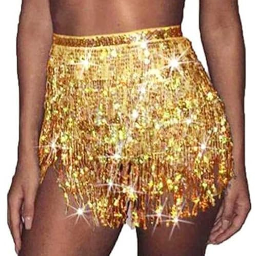 Unicra Jupe de Danse du Ventre Paillettes d'or Jupes à Franges Gland Costume de fête de la Hanche écharpe de Ventre Rave pour Femmes et Filles