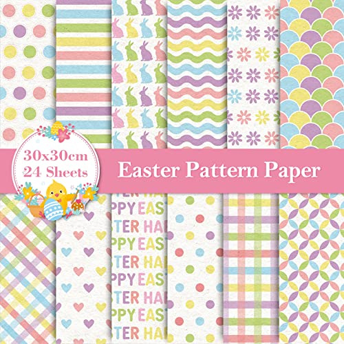 Whaline 12 Designs Ostermuster-Papier-Packung, 24 Blatt, Happy Easter, Pastell-Scrapbook Spezialpapier, doppelseitig, Frühlingsdekoratives Bastelpapier für Kartenherstellung, Dekoration, 30x30 cm
