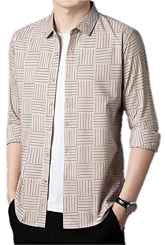 NP Printemps Automne Business Pas de Repassage Manches Longues Plaid Casual Hommes Chemise à Manches Longues Respirant, beige, L