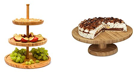 Relaxdays Etagere Bambus H: 25 cm D: 30 cm 3-stöckige Obstetagere aus Holz mit 3 runden Schalen & Tortenplatte rund, 33 cm, aus Bambus, mit Standfuß, H x D: ca. 11,5 x 33 cm, Natur