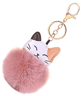 ihreesy Katze Schlüsselanhänger, Schön Pom-pom Schlüsselbund Anhänger PU Leder Katze Tier Bommel Taschenanhänger Charms Dekoration Schlüsselring Dekor Taschen-Zubehör für Frauen Mädchen,Rosa