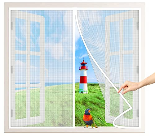 Tenda Magnetica Zanzariera, 85x120 cm Tende per Finestre Francesi di Maglia, Adsorbimento Magnetico Pieghevole Totalmente Magnetica, per Finestre da Cantine Terrazze, Bianca P
