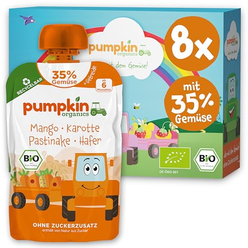 Pumpkin Organics Bio Gemüse-Quetschie mit Mango, Pastinake und Hafer 8x | Bio Gemüse-Getreide-Quetschie mit 35% Gemüse, weniger Fruchtzucker, ohne Zuckerzusatz¹, ab 6 Mo; Beikost- bis Schulsnack