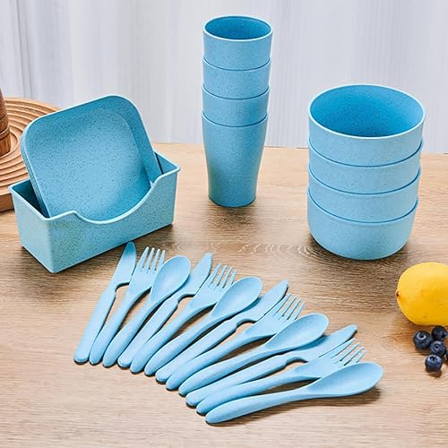 OriGlam 25-teiliges Teller- und Schüssel-Set, Geschirr-Set, Kunststoff, Picknick, Party, Camping, Geschirr-Set, Teller, Tassen, Schüsseln, Geschirr, Besteck-Set, mikrowellengeeignet (grün)