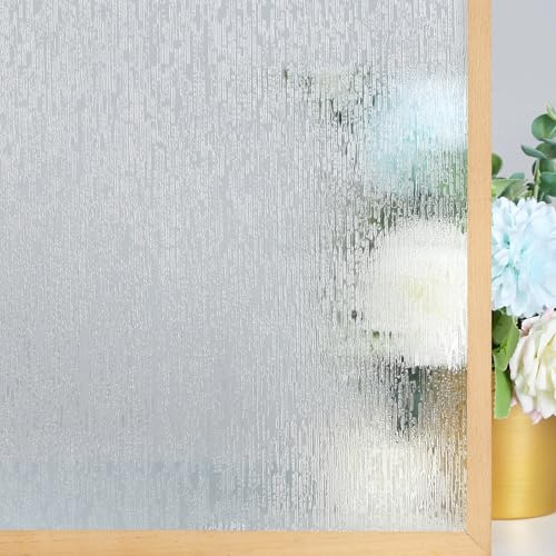 rabbitgoo Window Privacy Film Frosted Glass Clings, Decorative Sun UV Blocking Static Cling Window Covering, Removable Frosting Sticker for Home, Rain Silk, 17.5 x 78.7 Inches