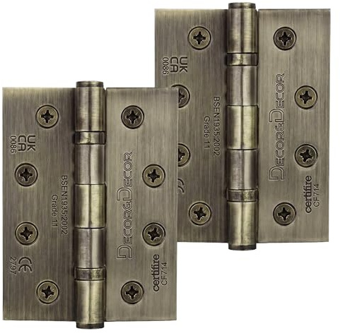 Decoranddecor Door Hinges Internal - Fire Rated - 4inc / 102mm - Ball Bearing - Steel - Antique Brass - 1 Pair