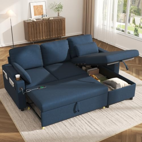 DURASPACE L Shaped Sofa Corner Sofa Bed Convertible Couch Sleeper | With Storage,2 USB, Cup Holder,Pull out Sectional Couches For Living Room (Blue)