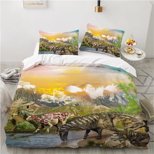 YASMENG Dino Ropa de cama infantil de 135 x 200 cm, 3D, diseño de dinosaurios, jóvenes, microfibra, ropa de cama de 2 piezas, regalo para niños con cremallera y funda de almohada de 80 x 80 cm