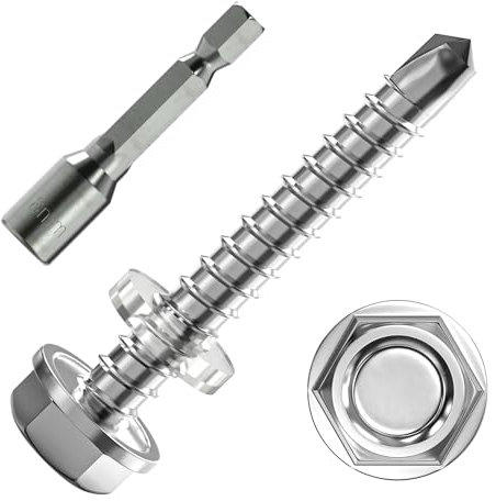 Bohrschrauben Sechskantkopf, Sechskant-Blechbohrschraube, Trapezblechschrauben Selbstschneidende Schrauben mit Dichtscheibe und Sechskant Steckschlussel, 4,8 x 32 mm, 50 Stück