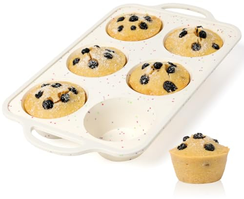 CAKETIME Molde grande para magdalenas, marco reforzado de metal de 3.5 pulgadas, molde grande de silicona para magdalenas, 6 tazas, molde grande para magdalenas grandes con asa, antiadherente para