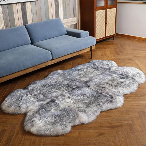 CAERJONA Super Soft Rug Genuine Sheepskin Rug for Living Room Bedroom Area Rugs Chair Seat Covers Sofa Blanket Home Décor (White Gray Gradient, 4 x 6 ft)