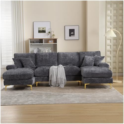 Sapgaks Sofá Seccional en U Moderno,Sofá de 4 plazas,Mueble acolchado de diseño moderno,Tela de chenilla (Gris)