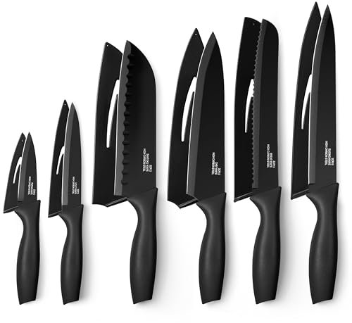 TEAMFAR Küchenmesser 6-teilig, Edelstahl Messerset mit Schutzhülle, Scharfe Messer Set mit Kochmesser Brotmesser Santokumesser Fleischmesser Schälmesser Allzweckmesser, Antihaftbeschichtet, Schwarz