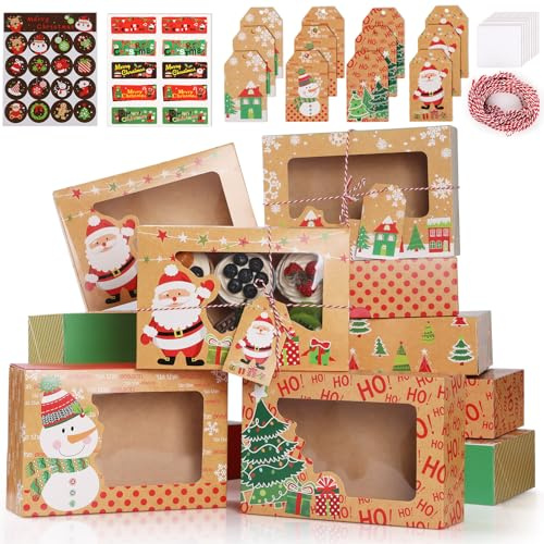 GeeRic Geschenkboxen set weihnachten 12 Pcs, Weihnachts Kekskästen Boxen mit Transparentem Fenster und Etiketten, Große Weihnachtsboxen Keksdose Cupcake Boxen Kraftpapier Plätzchendose Keksschachtel