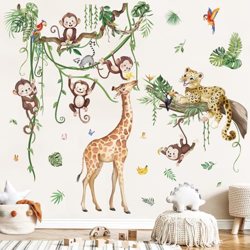 wondever Wandtattoo Dschungel Tiere Baum Zweig Wandaufkleber Safari Affen Giraffe Tropische Blätter für Kinderzimmer Babyzimmer Schlafzimmer